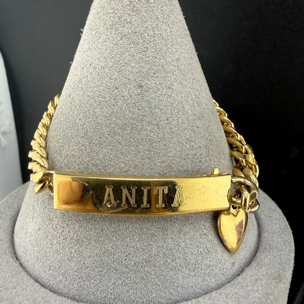 Vintage Speidel ID Bracelet Gold Tone Engraved Anita Heart Charm 6.5in